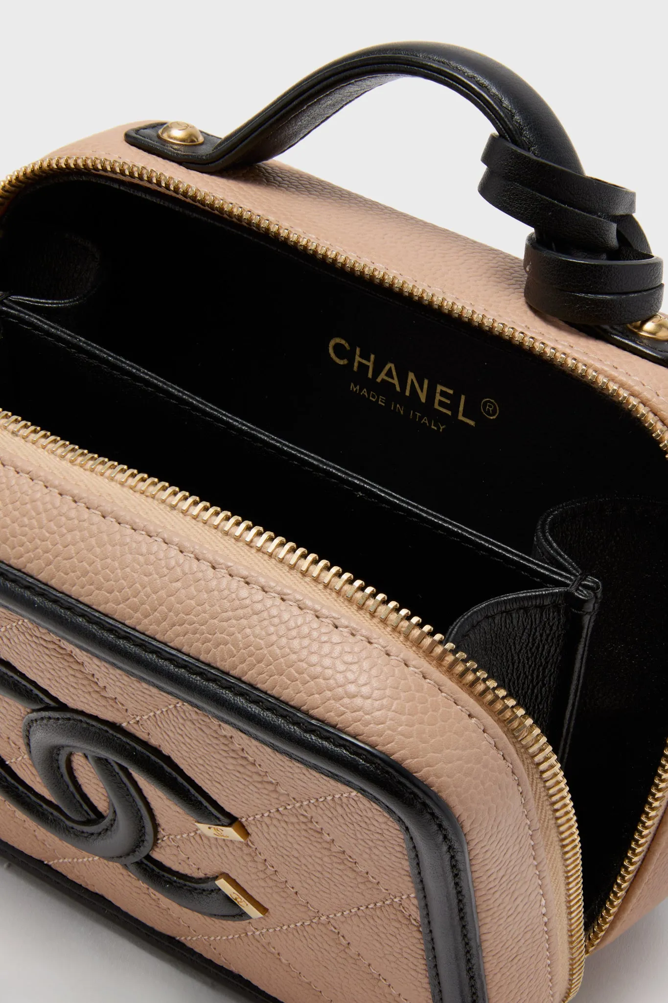 CHANEL Beige and Black Quilted Small Filigree Vanity Case
