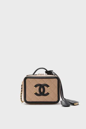 CHANEL Beige and Black Quilted Small Filigree Vanity Case
