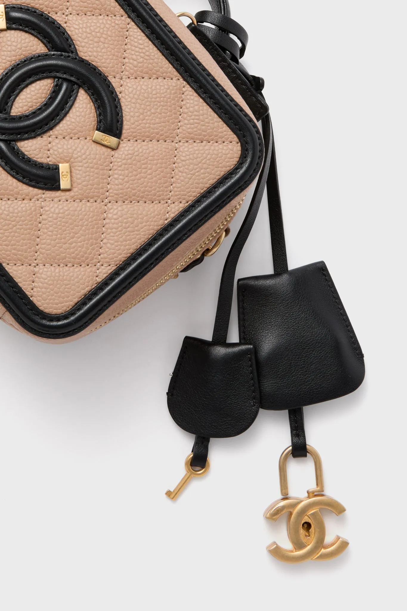 CHANEL Beige and Black Quilted Small Filigree Vanity Case