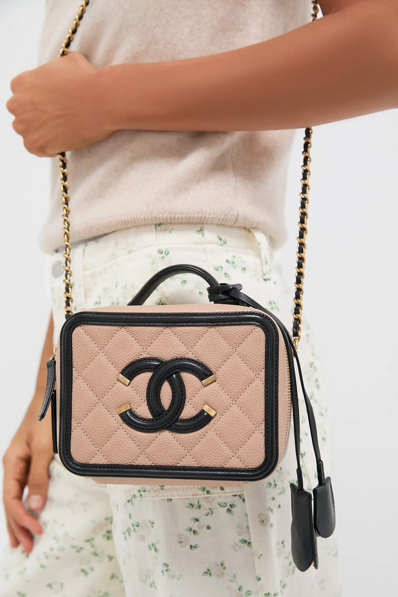 CHANEL Beige and Black Quilted Small Filigree Vanity Case